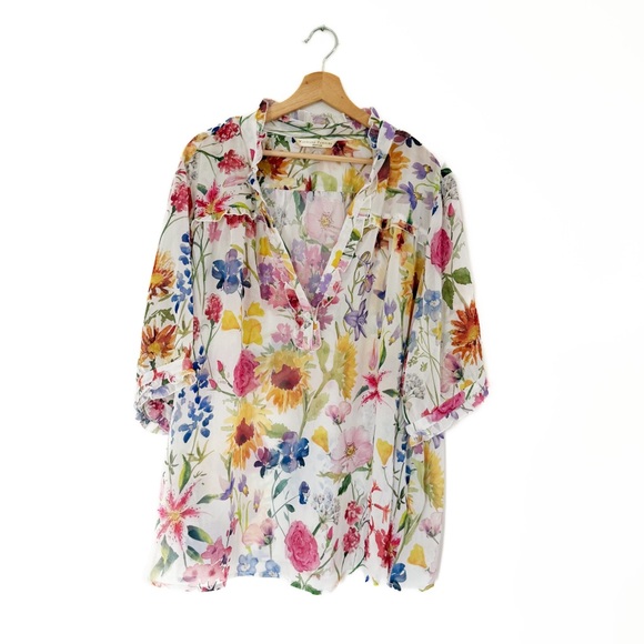 Wayward Fancies eShakti Shirt Womens 4X Plus White Floral Ruffled Sheer Boho - Picture 1 of 5